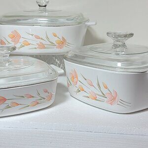 Vintage Corning ware (Corelle) Dishes and lids with Rare Peach Floral Design